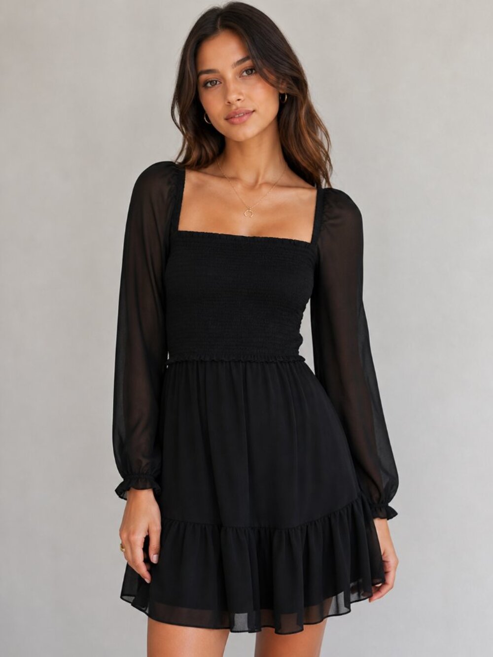 Wilfred Black Square Neck Smocked Long Sleeve Tiered Ruffle Mini Dress XXS